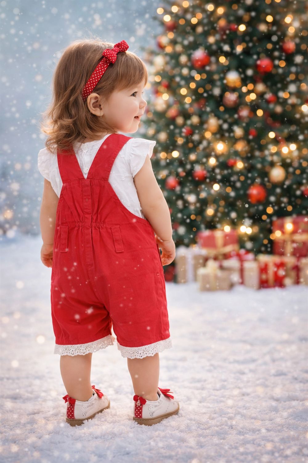 Toddler wearing red dungaree from behind, paired with white top, festive Christmas tree background with lights and snow.