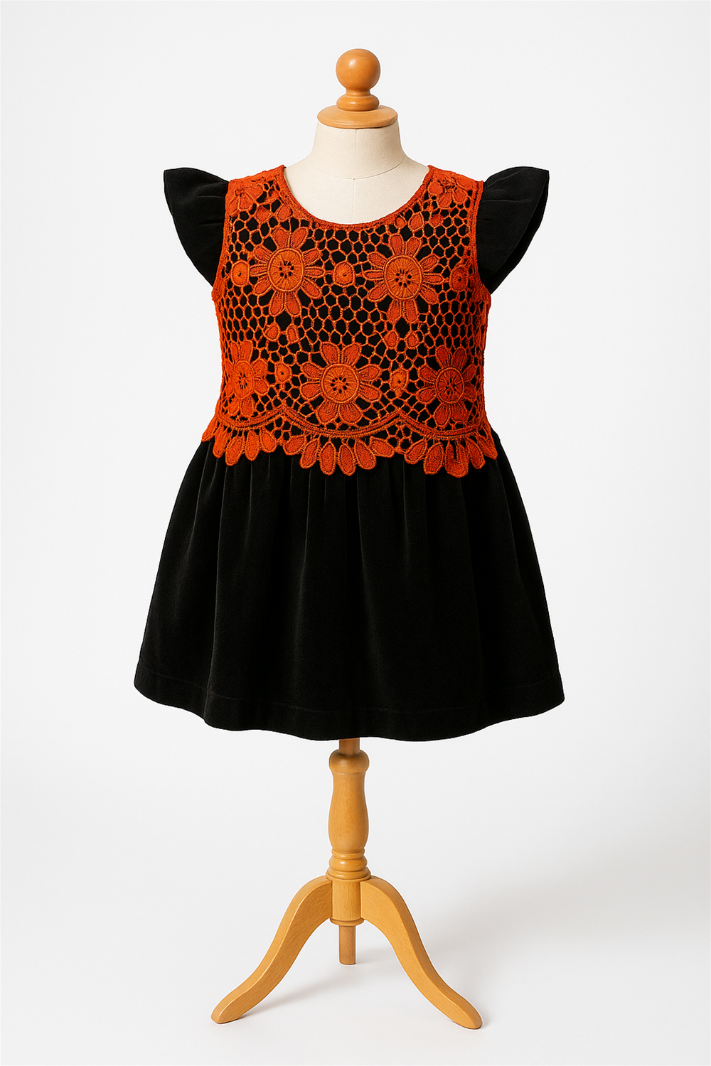 A red cut work dress with black velvet in a wooden hanger in form mannequin. 
