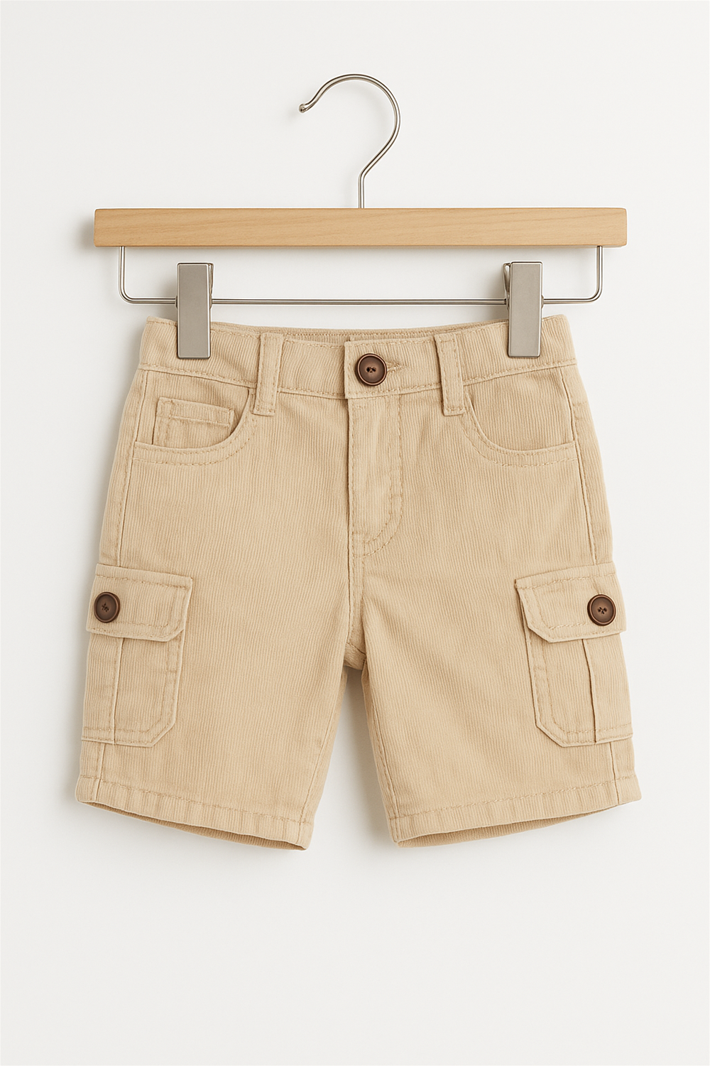 Beige corduroy boys' cargo half pants hanging on a wooden hanger against a white background. The shorts feature front pockets, buttoned flap side pockets, a waistband with belt loops, and a front button closure.