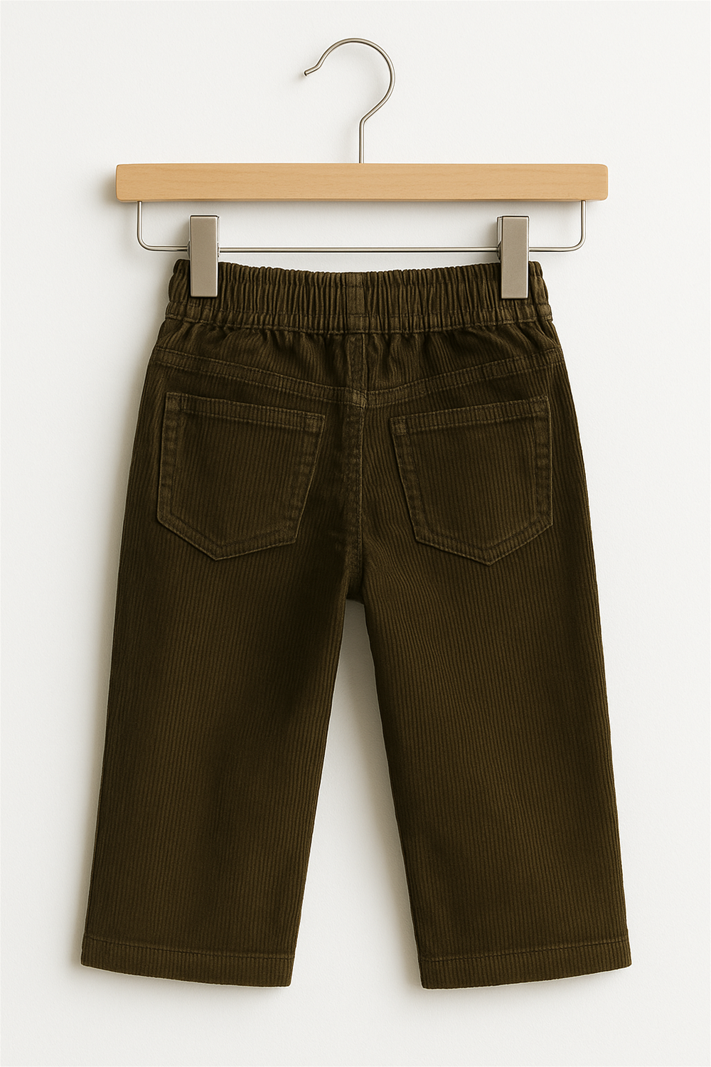 Back view of toddler boys’ dark olive green corduroy pants hanging on a wooden hanger against a light background. The pants feature an elasticated waistband for ease of wear and two back patch pockets with classic stitching details, presented with a fine ribbed corduroy texture ideal for a clean and organized product display.