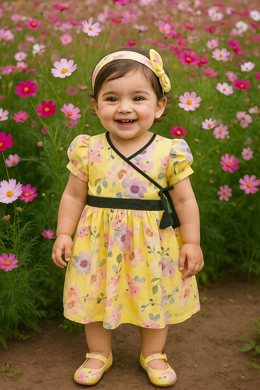  A baby girl wearing a yellow dress stands amidst a blooming field of flowers, surrounded by nature's beauty