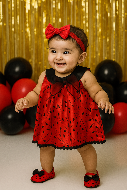 A red and black top featuring a pattern of black and red leaves.