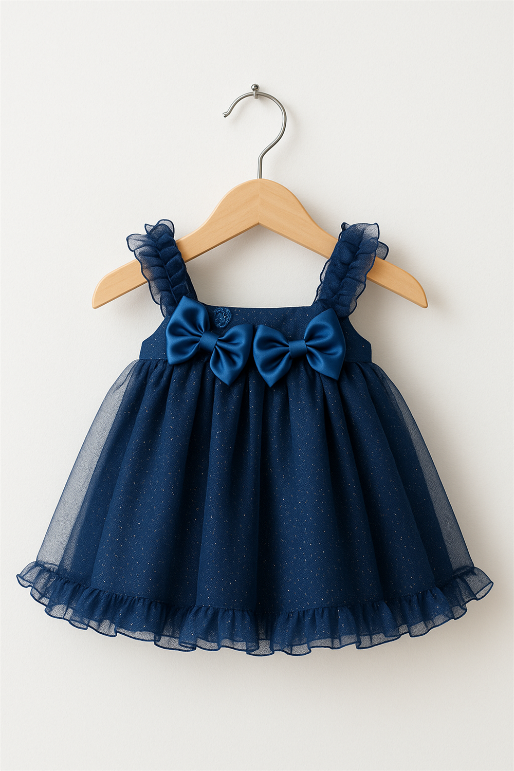 A baby girl wearing a blue glitter net dress in a wooden hanger.