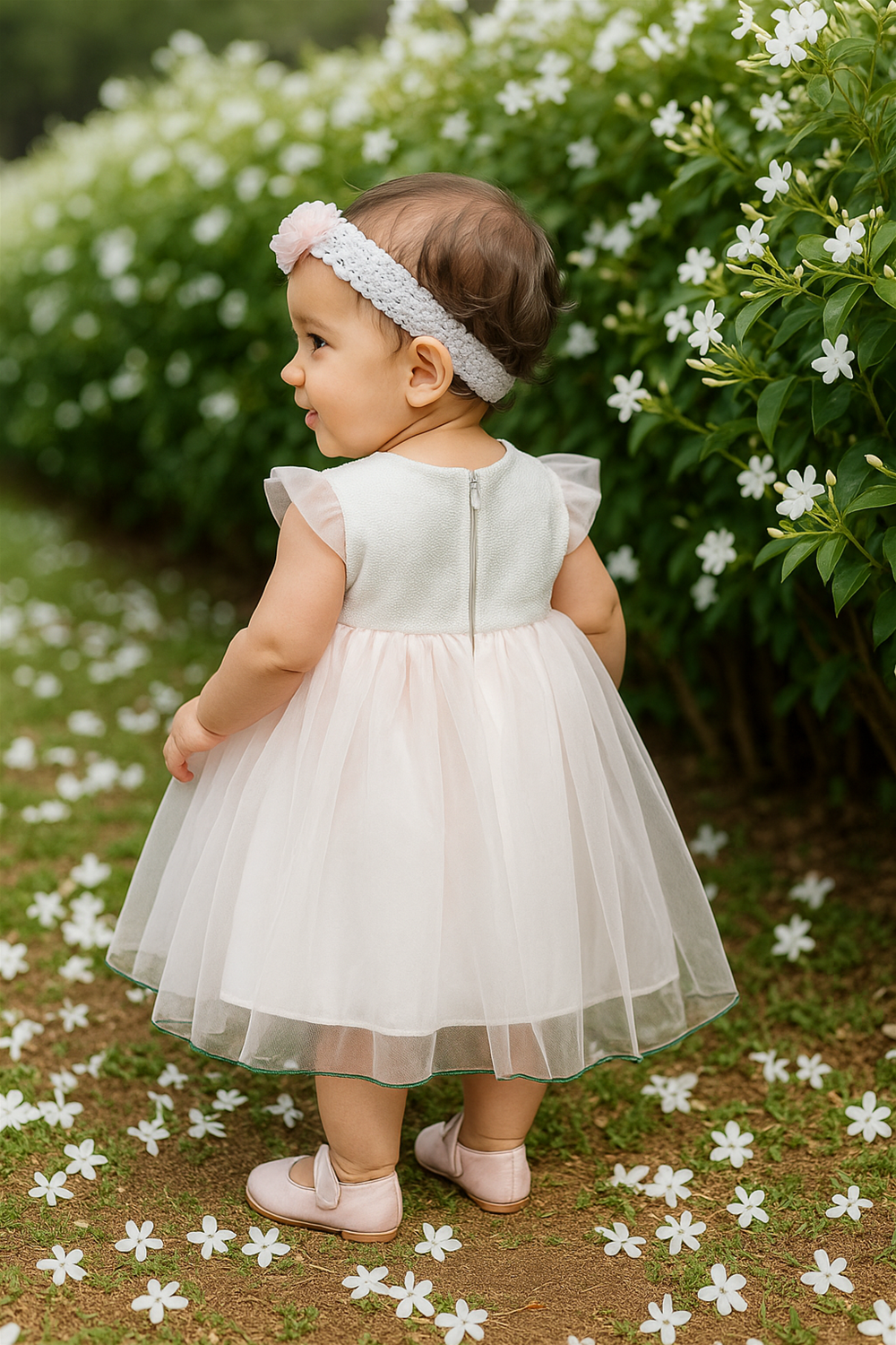 A baby girl wearing a white frock with sheer sleeves and a tulle skirt, standing outdoors among blooming white flowers.