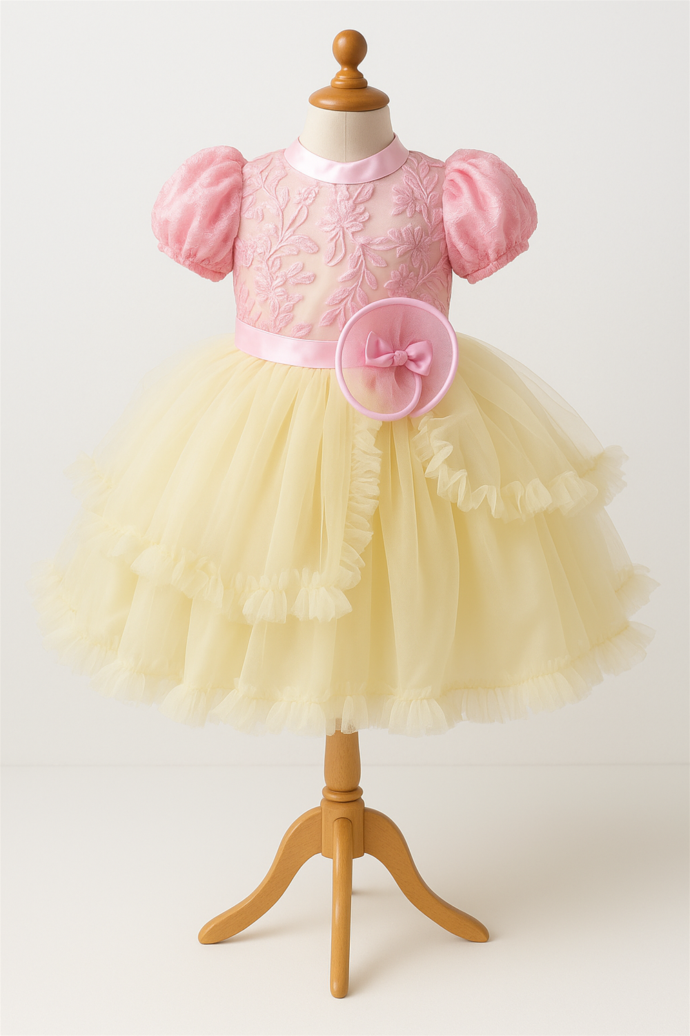 A yellow and pink dress in a foam mannequin front view.