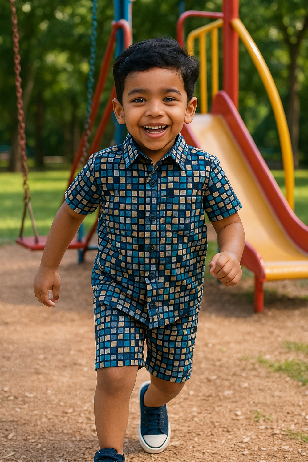 Happy boy running towards camera in blue checkered co-ord set, smiling brightly, playground slides in background, joyful outdoor moment.