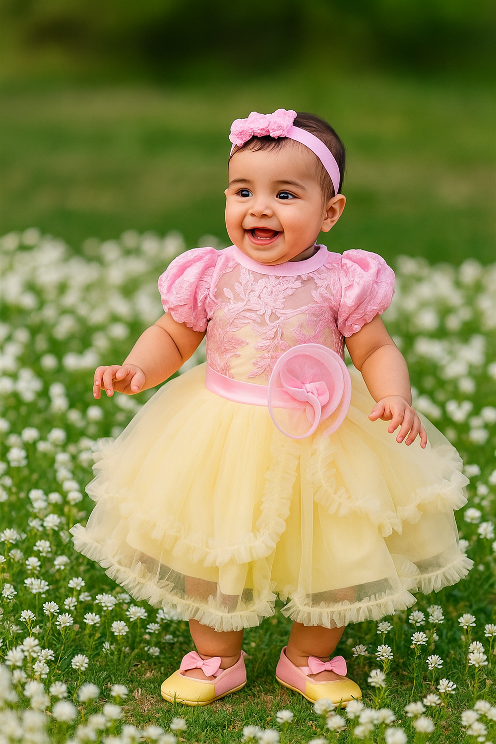 Smiling baby girl in a pink and yellow frilly dress with matching bow shoes, standing joyfully among white garden flowers.