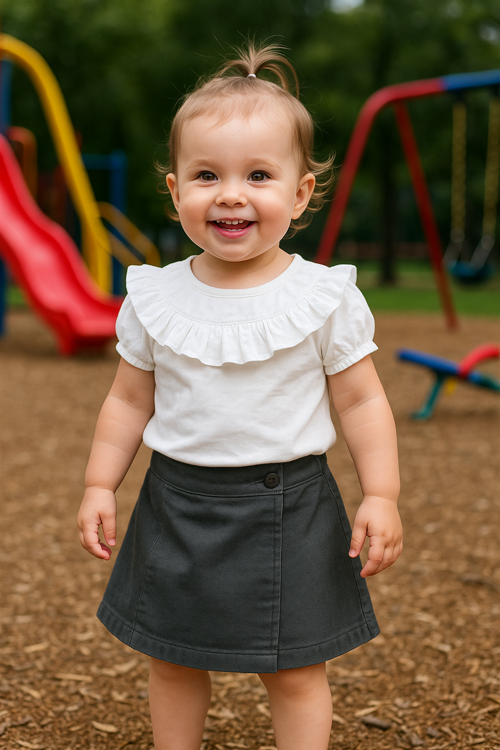 Smiling toddler in white ruffled top and Dark Grey skirt, standing happily in playground sand, colorful slides visible behind. 