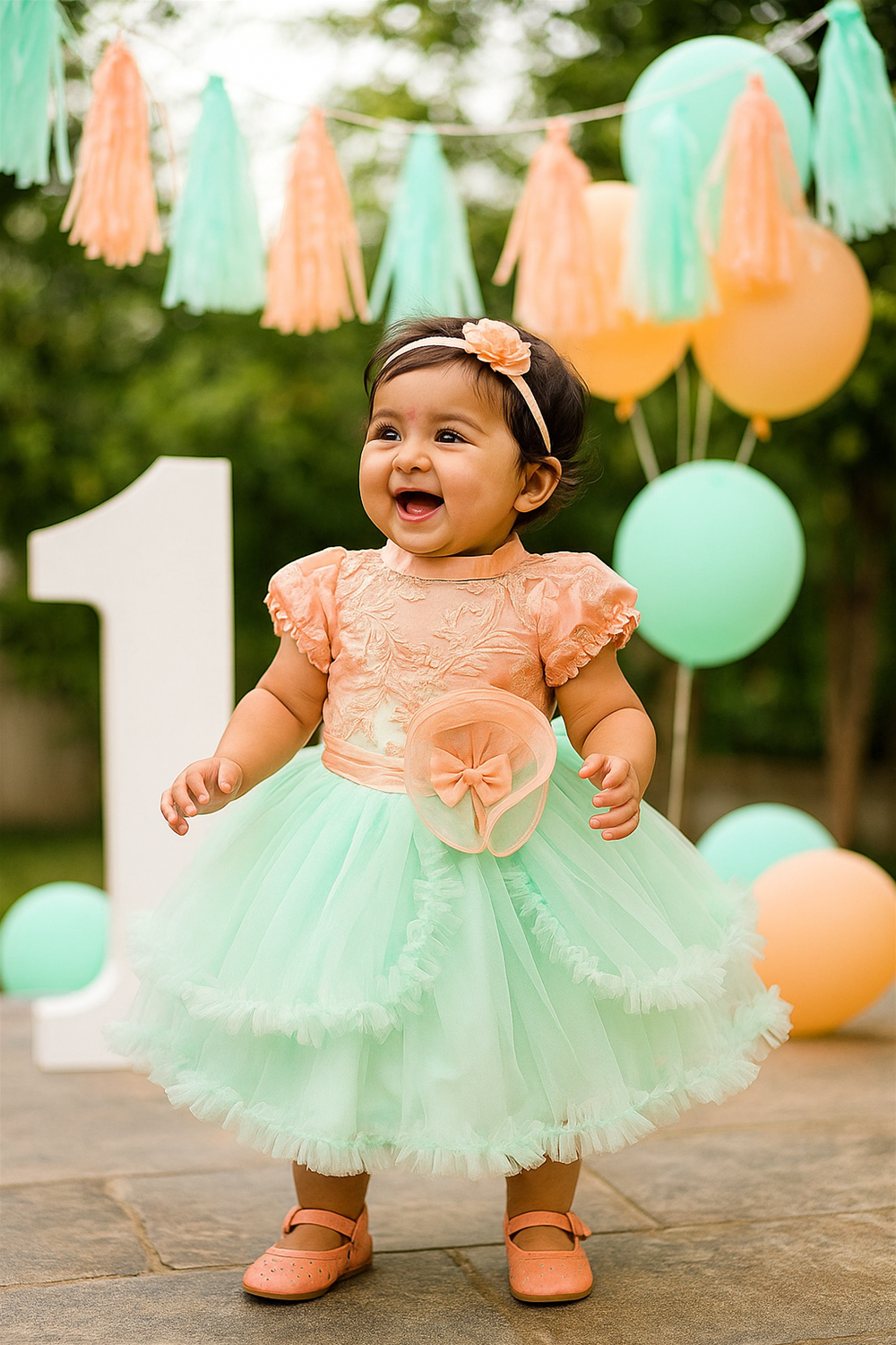A baby girl wearing a Pista Green and Peach combination dress, smiling and near to her birthday decoration.