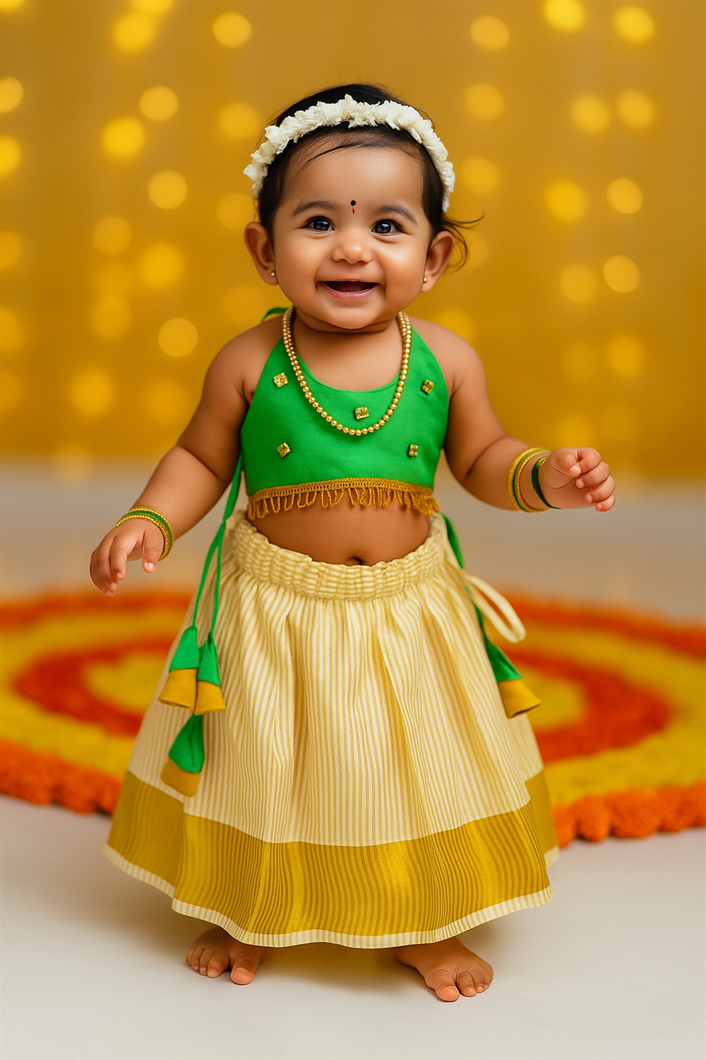 Smiling baby girl dressed in a green blouse and cream-gold skirt stands in front of a bright yellow festive backdrop. She wears jasmine flowers, bangles, and a necklace, radiating joy.