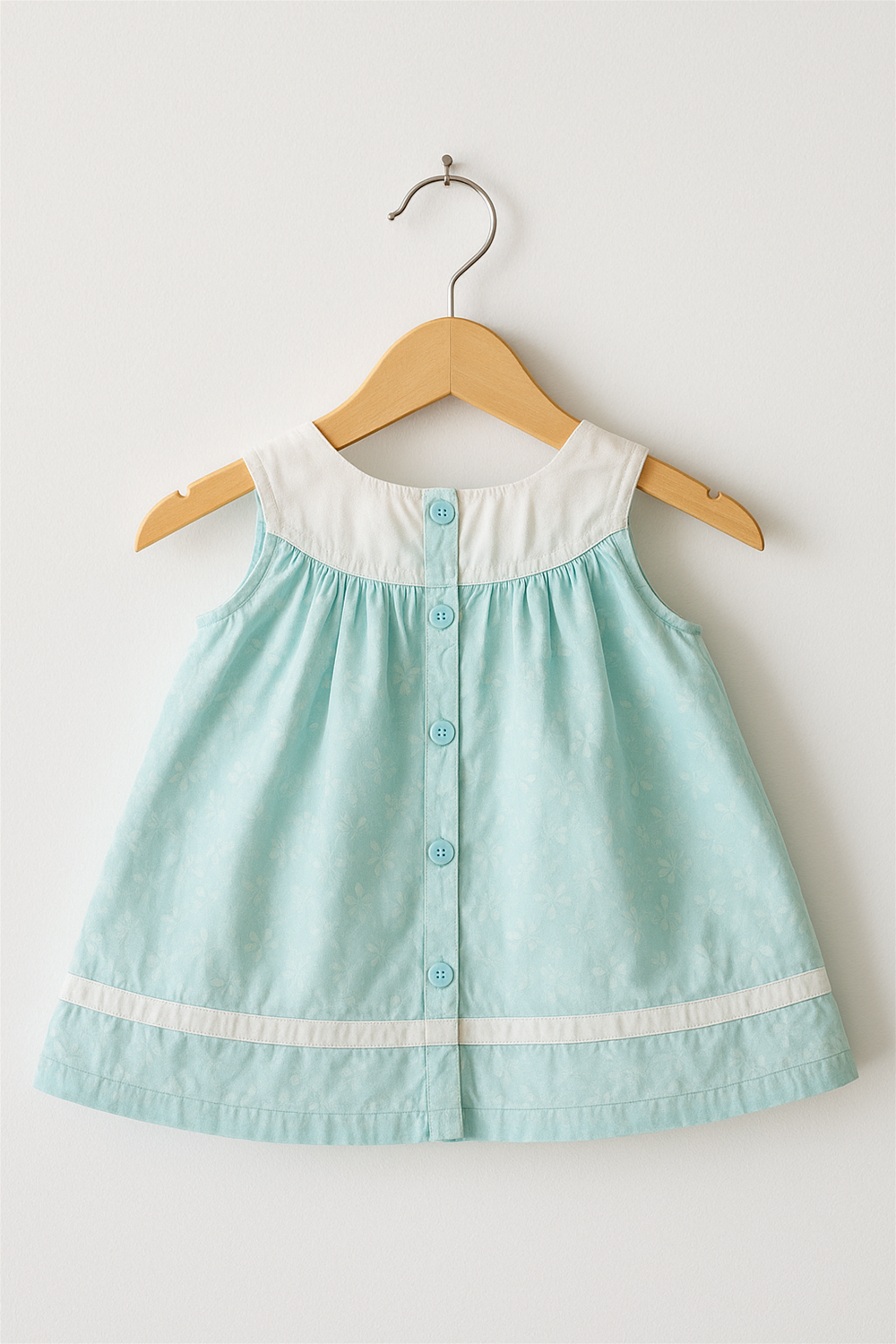 Mint-green frock with white yoke and button-down back design, sleeveless style, hanging on a wooden hanger against a plain background.