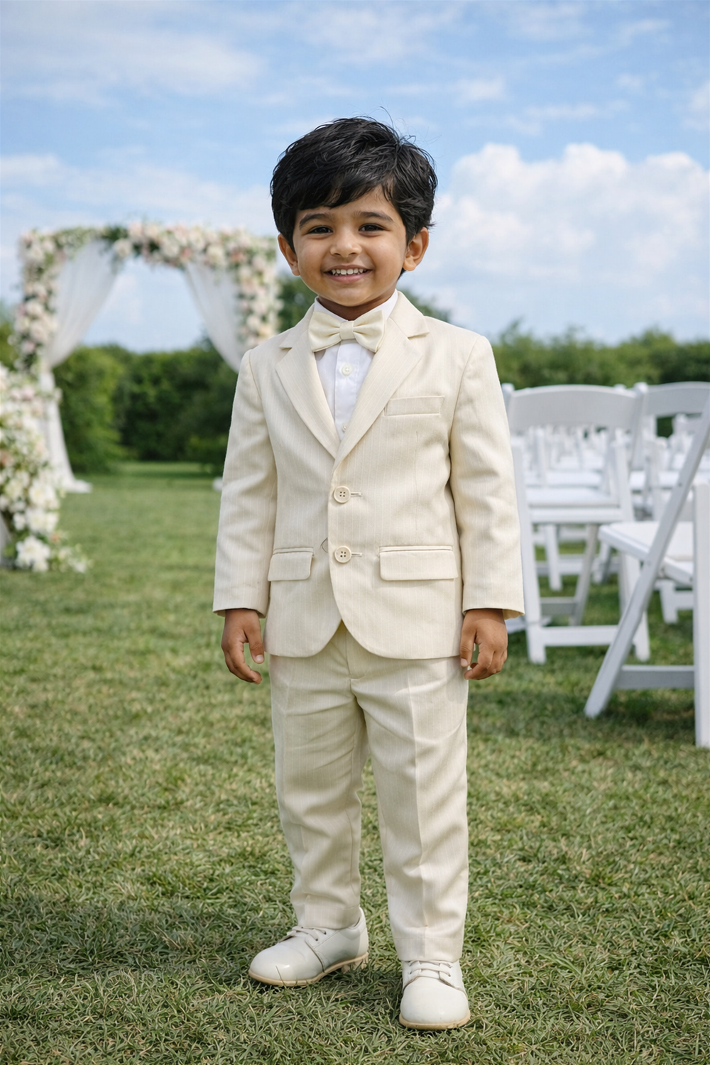 Smiling toddler boy in suit and bow tie standing outdoors at wedding aisle with floral arches and guests.