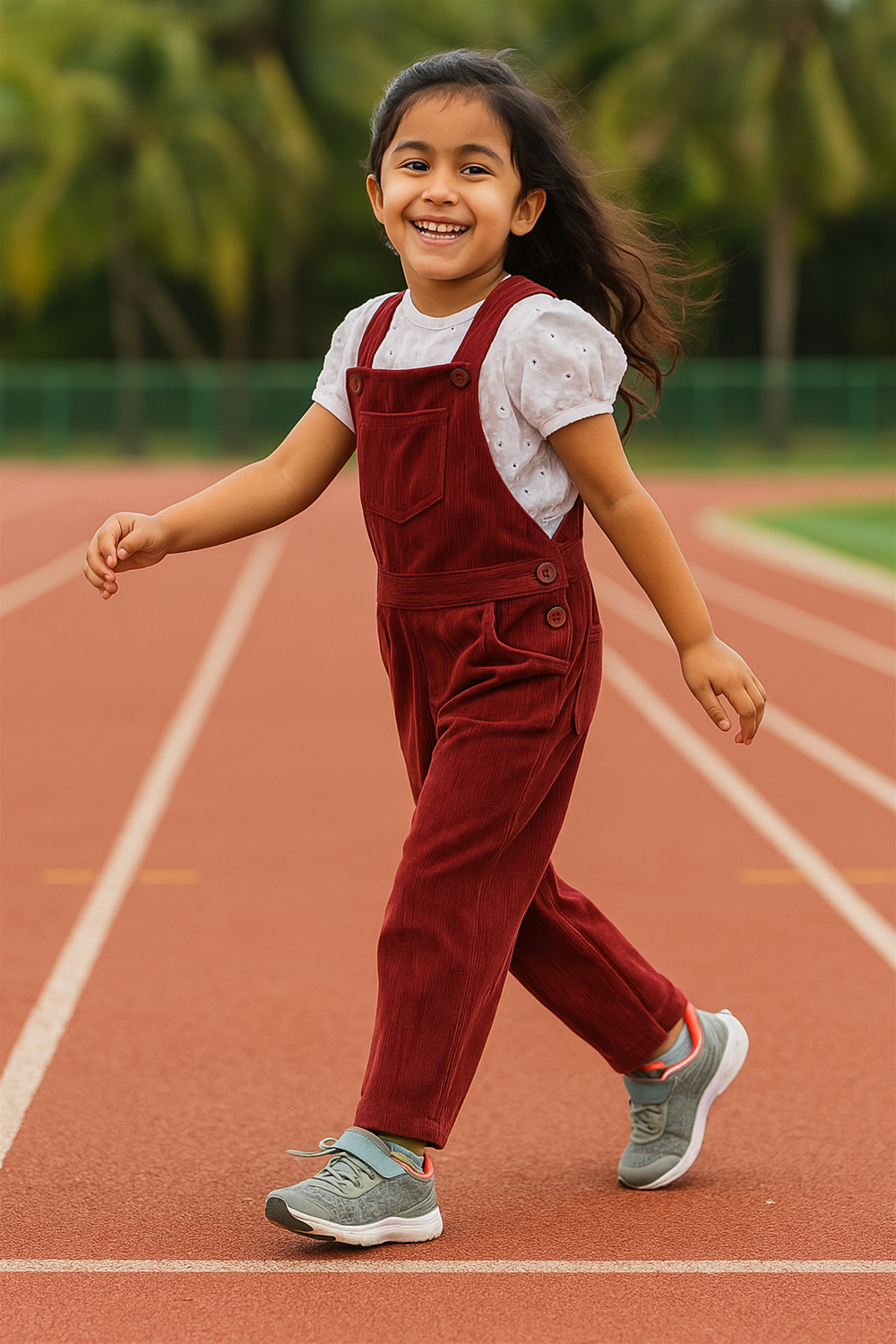 A cheerful young girl in a white top and red corduroy overalls walks happily on an outdoor running track. Her long hair flows in the breeze as she smiles brightly, wearing grey sneakers with teal laces.