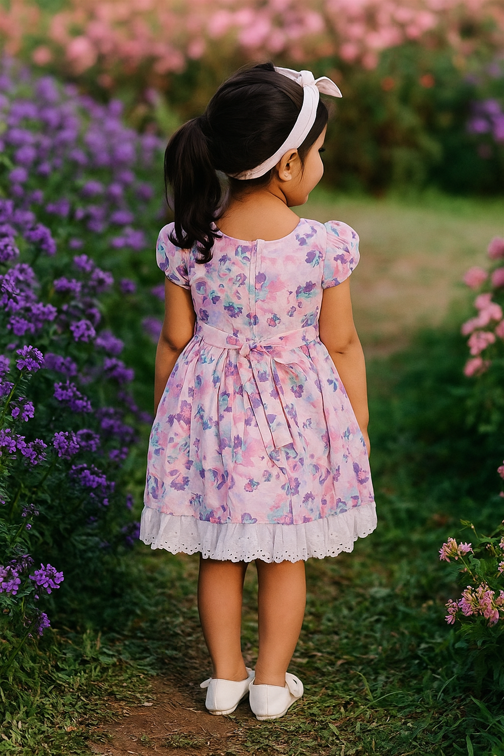 Little girl wearing pink floral dress with bow-tied back and lace hem, walking through a colorful flower-filled garden pathway.