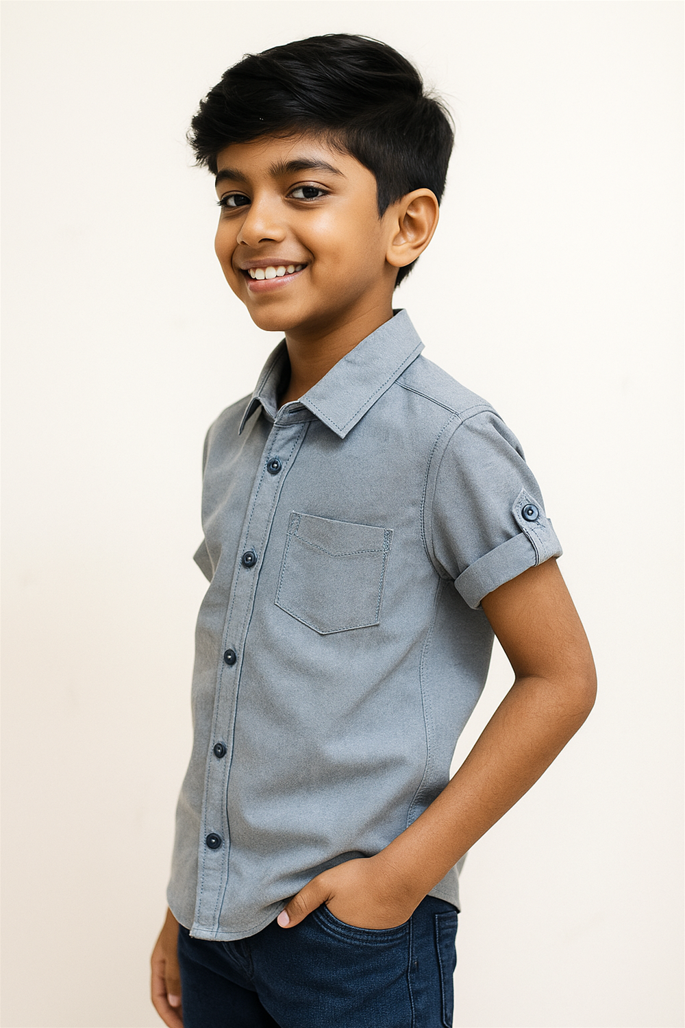 A young boy wearing a blue half-sleeve shirt with a normal collar