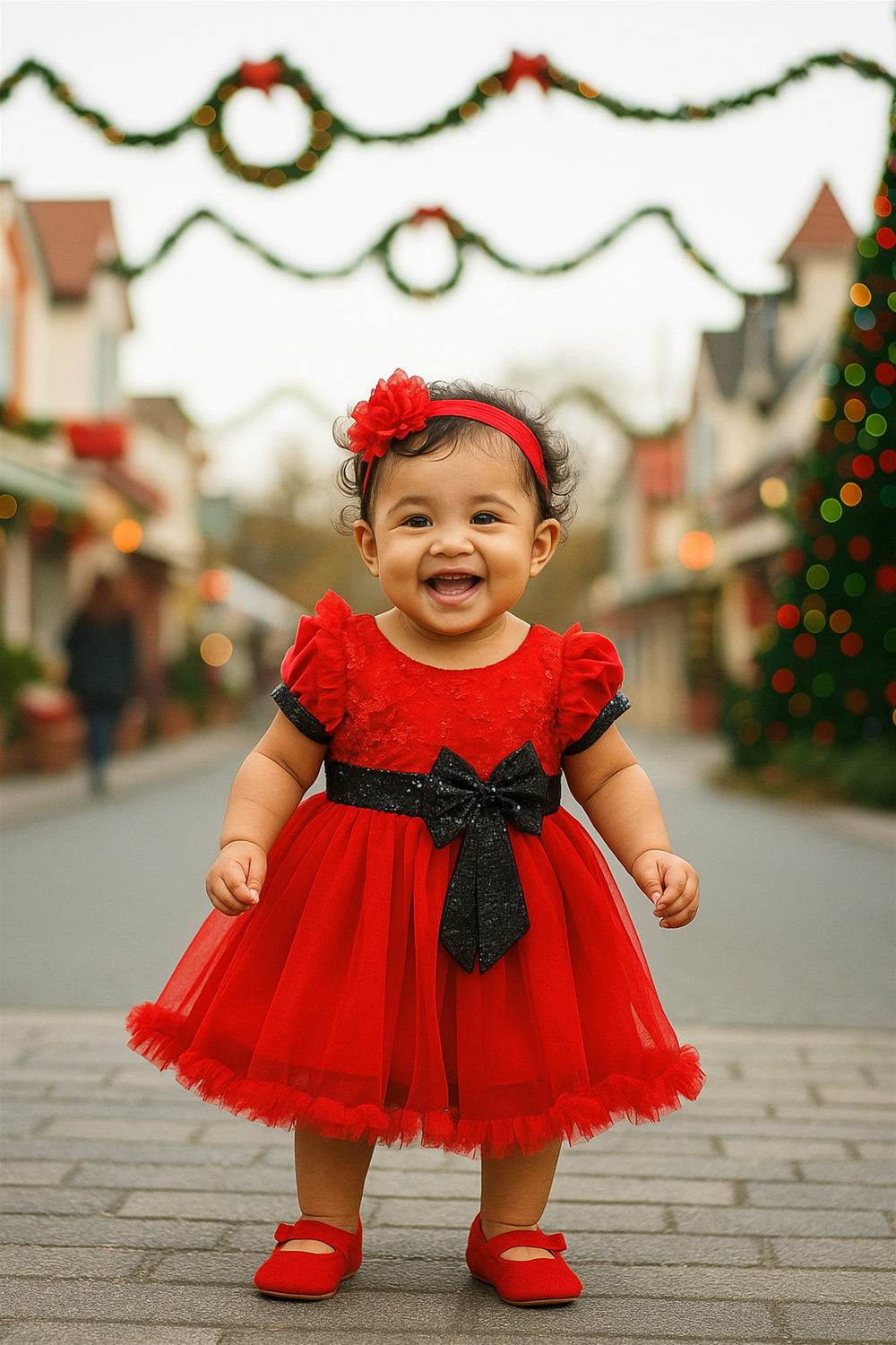 Smiling baby in a red and black bow dress stands on a festive street decorated with garlands and Christmas lights.
