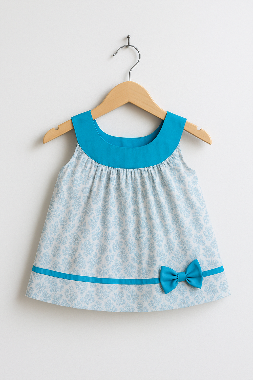 Baby frock with blue collar and side bow, neatly displayed on wooden hanger against plain white wall.