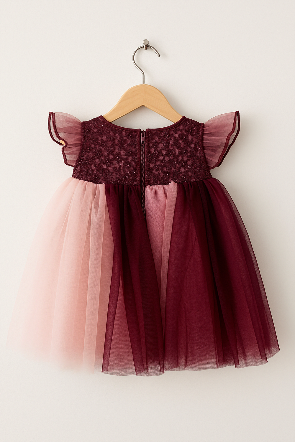 A baby girl's dress featuring a multi-color net skirt in pink and Purple , with an alter neck and zip back closure.