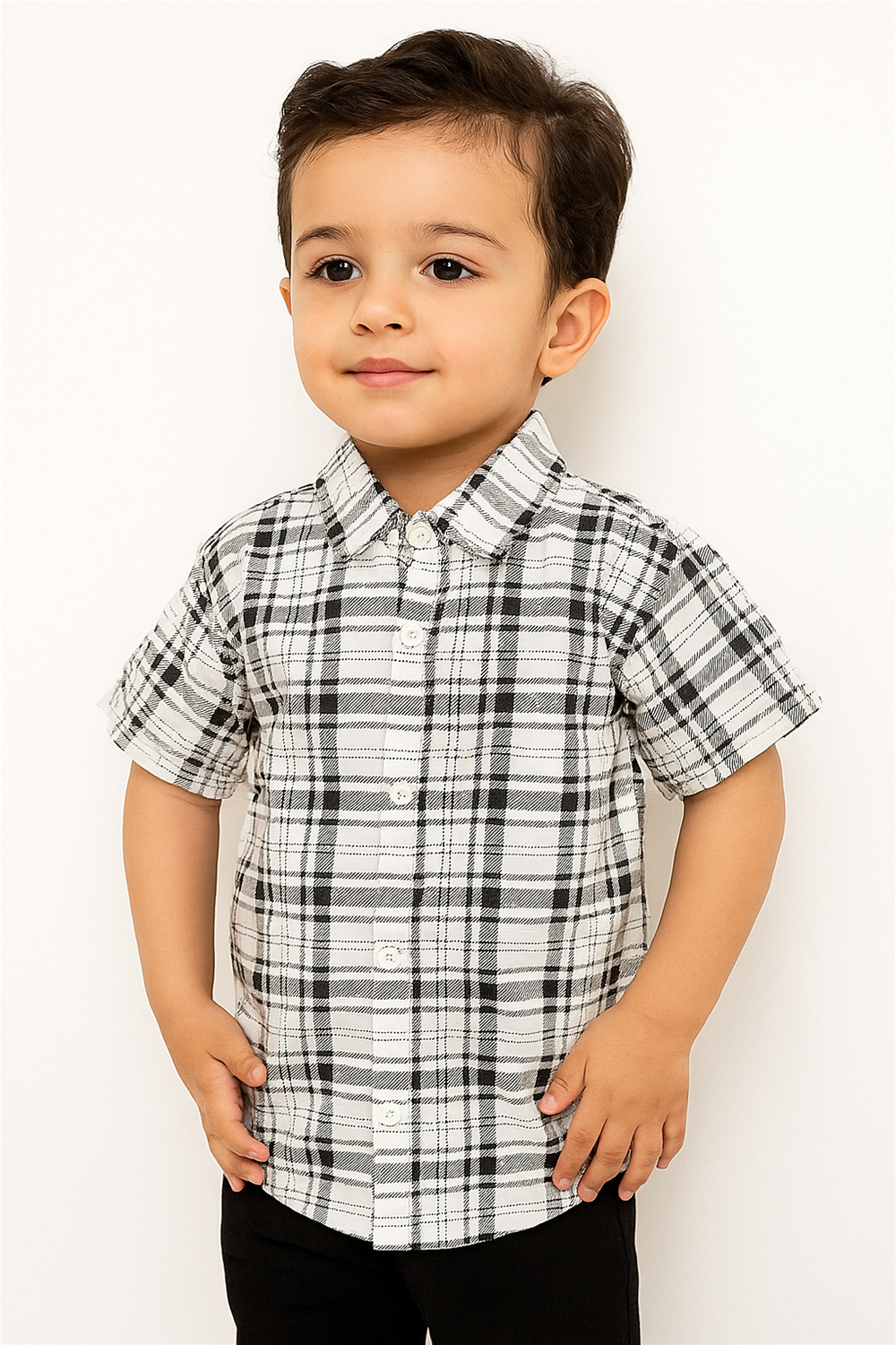 A young boy in a Black and white half-sleeve shirt stands confidently, showcasing a casual and stylish look.