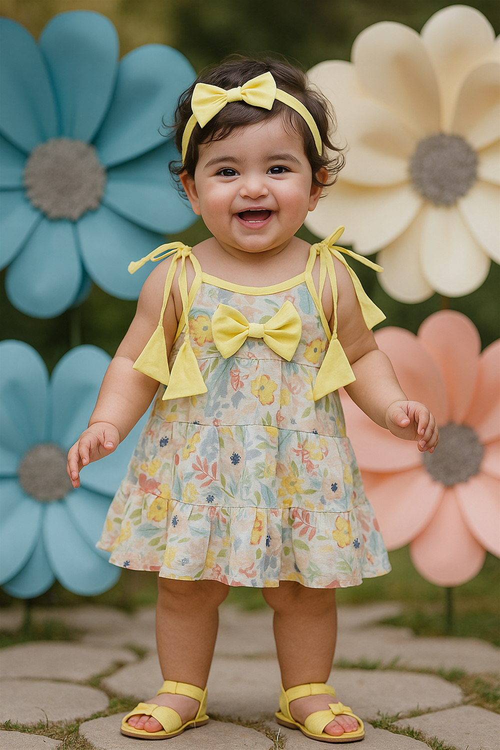 A cheerful baby girl wearing a pastel floral dress with yellow shoulder bows and matching accessories, standing outdoors. Giant colorful flower props in the background add a vibrant and playful garden atmosphere.