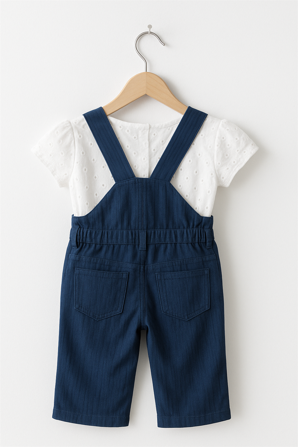 Back view of a navy-blue corduroy dungaree shorts with crossed straps and back patch pockets, paired with a white eyelet short-sleeve top. Displayed on a wooden hanger against a plain white background.