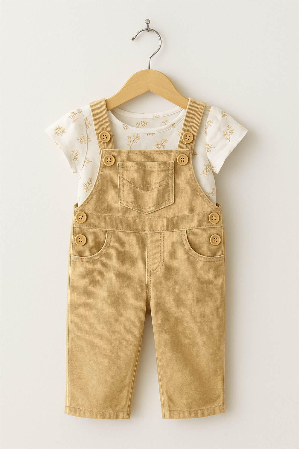 Girls Dungaree in Beige Corduroy with white and beige design inner
