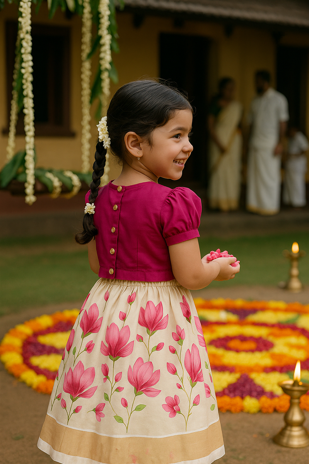 A smiling young girl in pink blouse and floral skirt holds petals during Onam celebration, with pookalam and family in background.