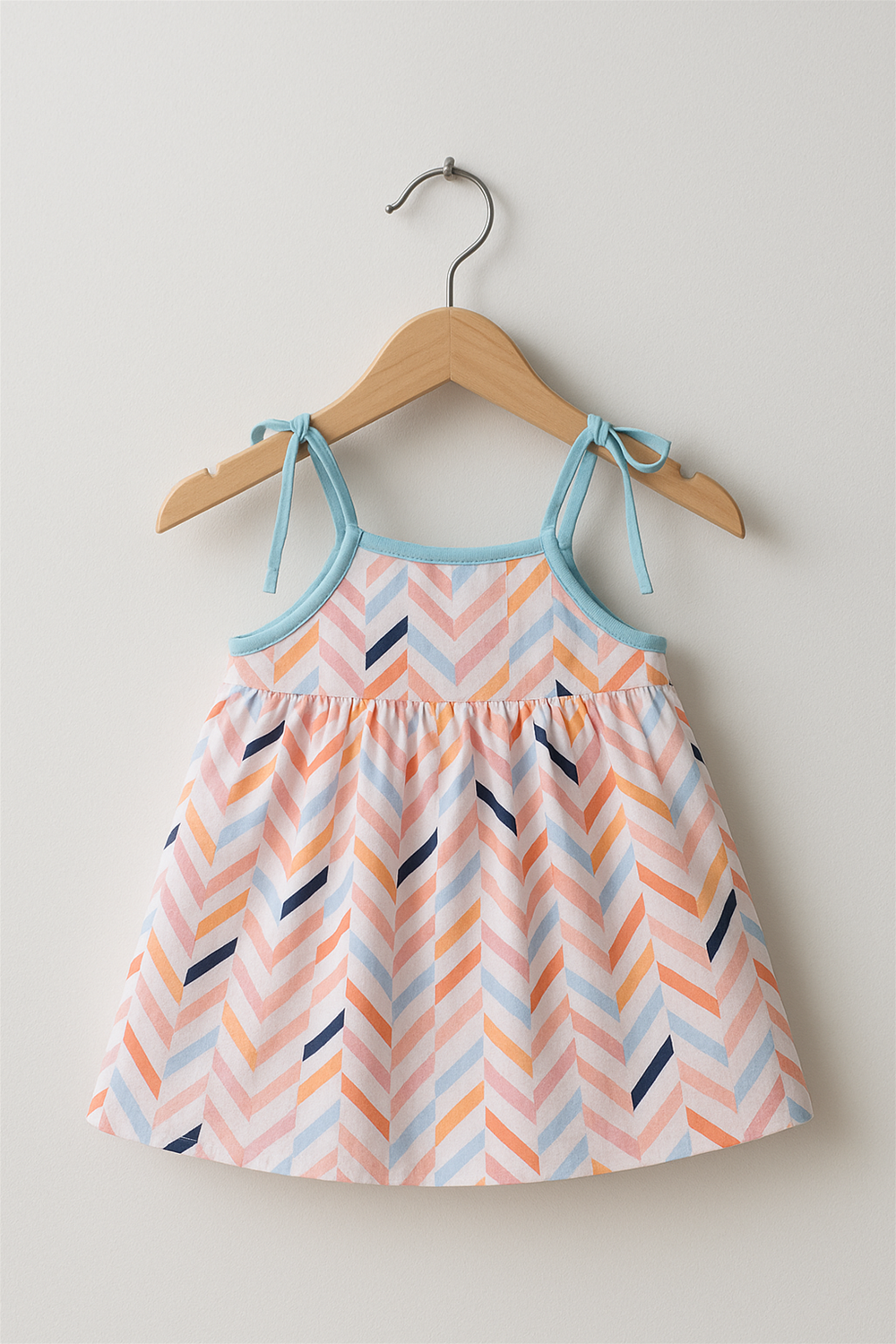 A sleeveless baby dress with pastel chevron patterns in peach, blue, and yellow hangs on a wooden hanger. The dress features sky-blue tie straps and piping along the neckline, set against a neutral studio background.