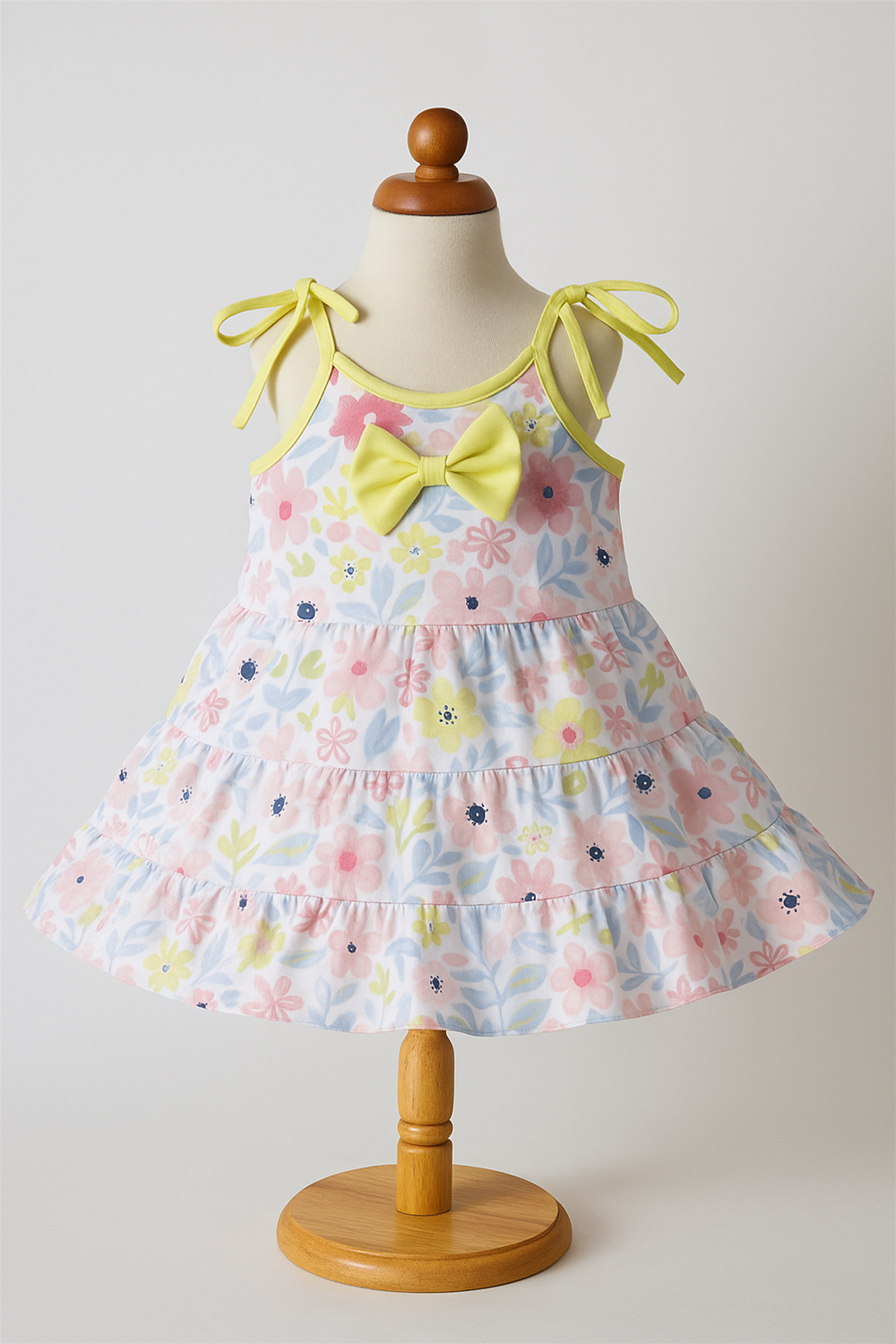 A vibrant baby girl's floral sundress with yellow bow and tie-up straps is displayed on a cream mannequin with a wooden stand. The tiered dress features soft pink, blue, and yellow flower prints, captured in a bright studio setup.