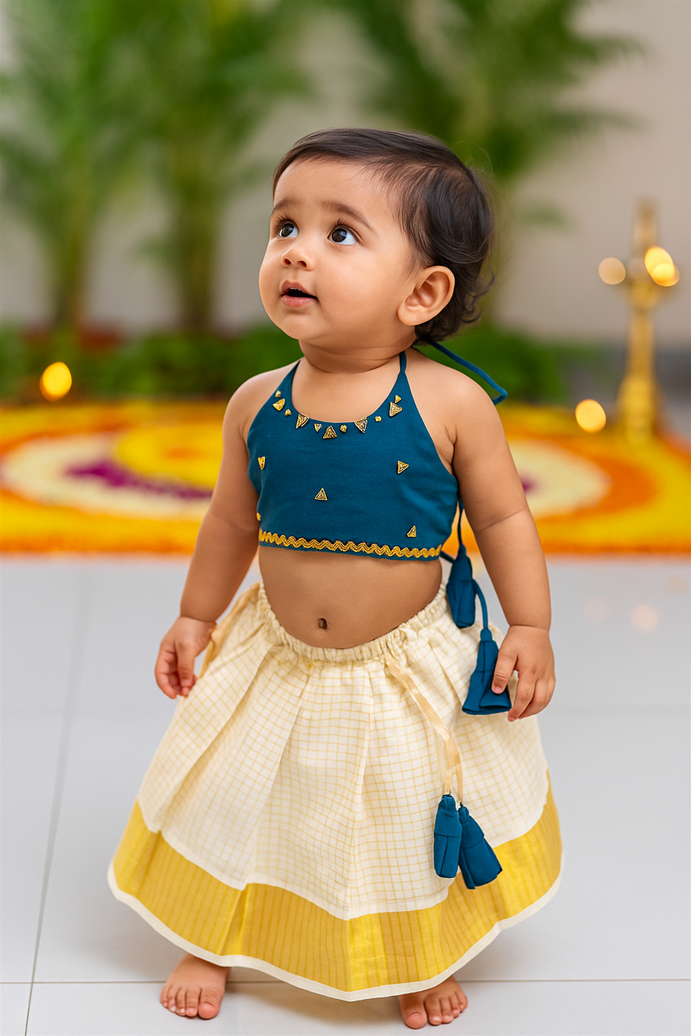 A curious baby girl in a teal halter blouse and cream-yellow skirt looks upward with wonder. The festive setting features lamps, greenery, and floral decorations, highlighting the cultural richness of the outfit.