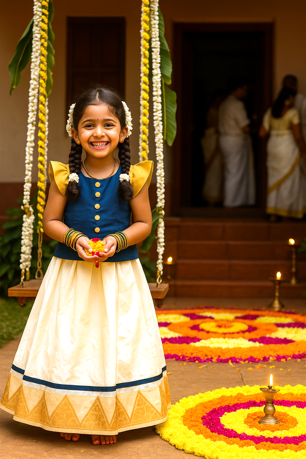 A little girl dressed in a green and gold traditional outfit is joyfully seated, placing flower petals on a vibrant floral rangoli during Onam celebrations. She is adorned with jasmine garlands in her braids, gold jewelry, and a bright smile.