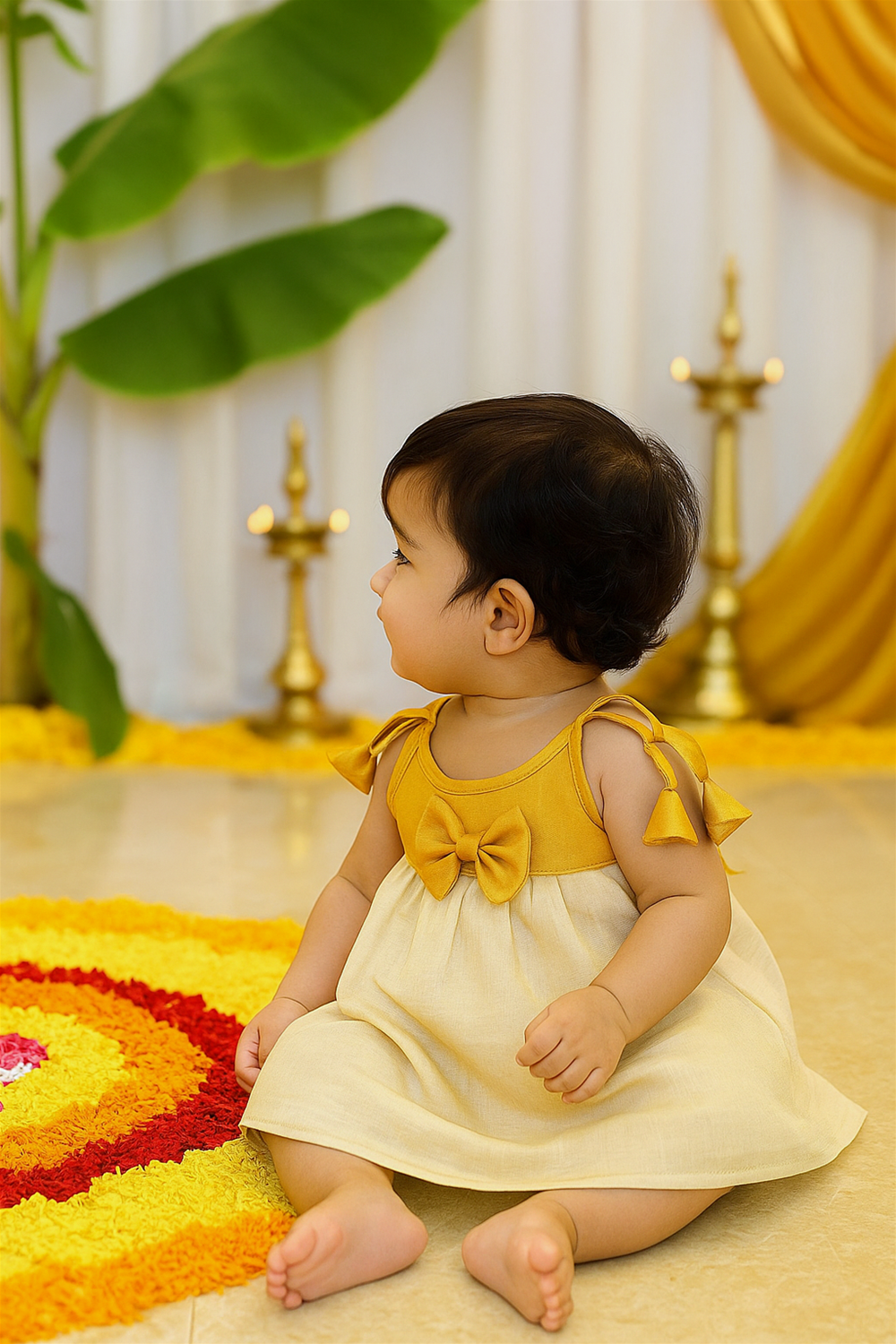 A baby girl wearing a traditional Onam dress with a mustard yellow bodice, bow detail, and cream skirt smiles joyfully. She stands beside a colorful floral pookalam, surrounded by festive decorations of banana leaves and lamps.