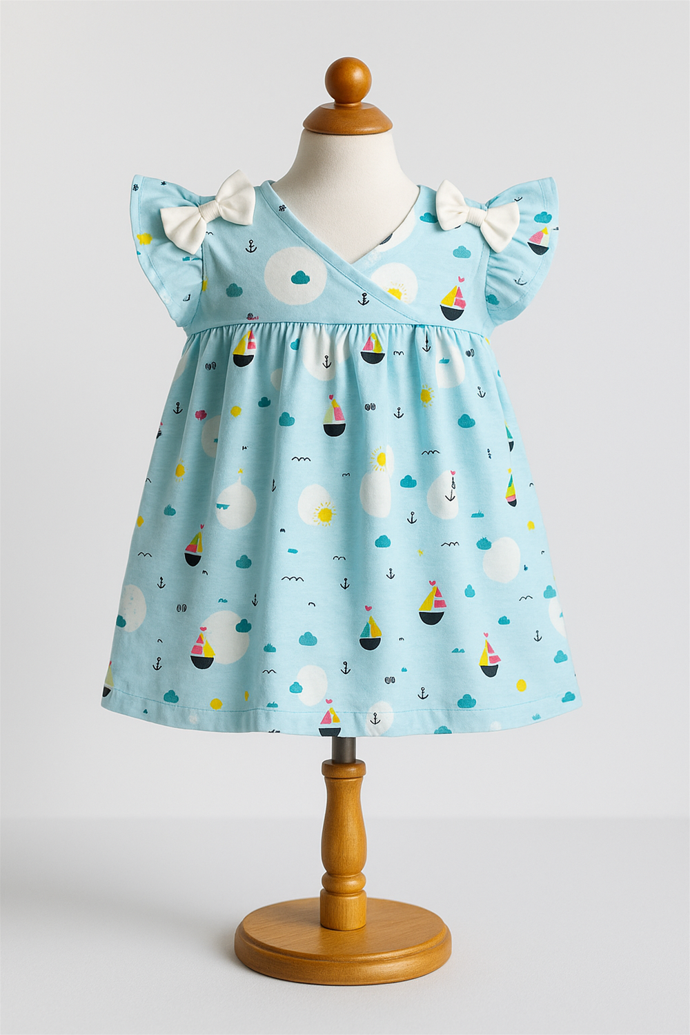 Blue printed baby dress on mannequin – A sky-blue baby dress with white bows, sailboat and cloud prints, displayed neatly on a wooden mannequin.