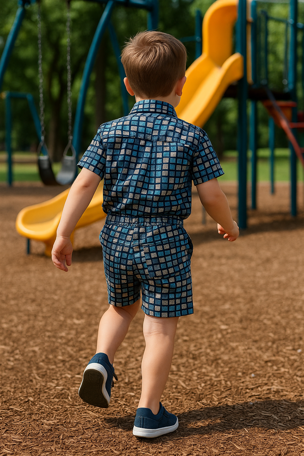 Little boy in blue checkered co-ord set, walking towards yellow slide in playground, casual sneakers, playful outdoor setting captured naturally.