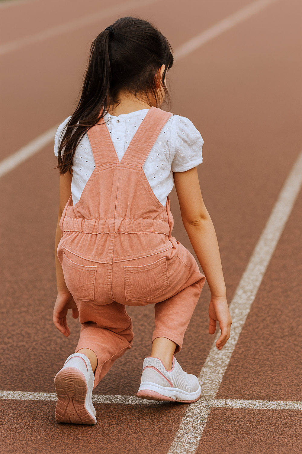 A young girl in a peach dungaree and white eyelet top crouches at the starting line on a running track. She is poised to run, with her ponytail and sneakers visible from the back.