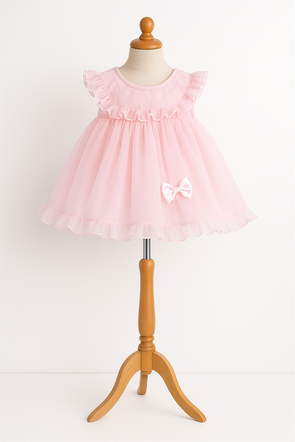 A baby girl's pink dress with a round neck, net skirt, and a bow on the shoulder.