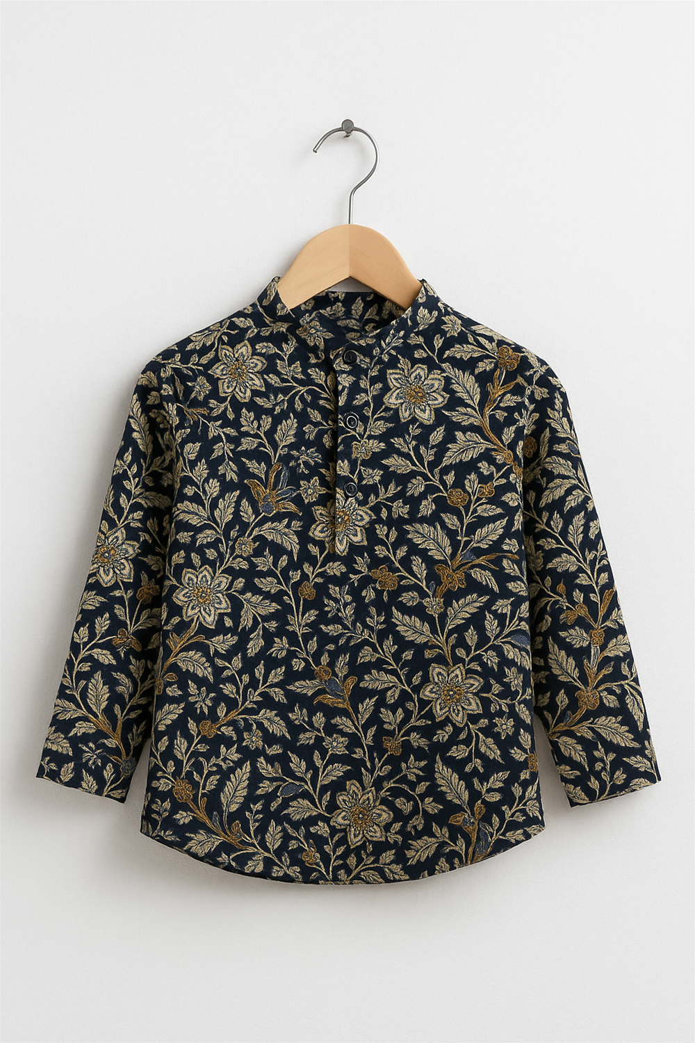Full view of navy blue floral printed kurta on wooden hanger, featuring long sleeves, buttons, and traditional ethnic design