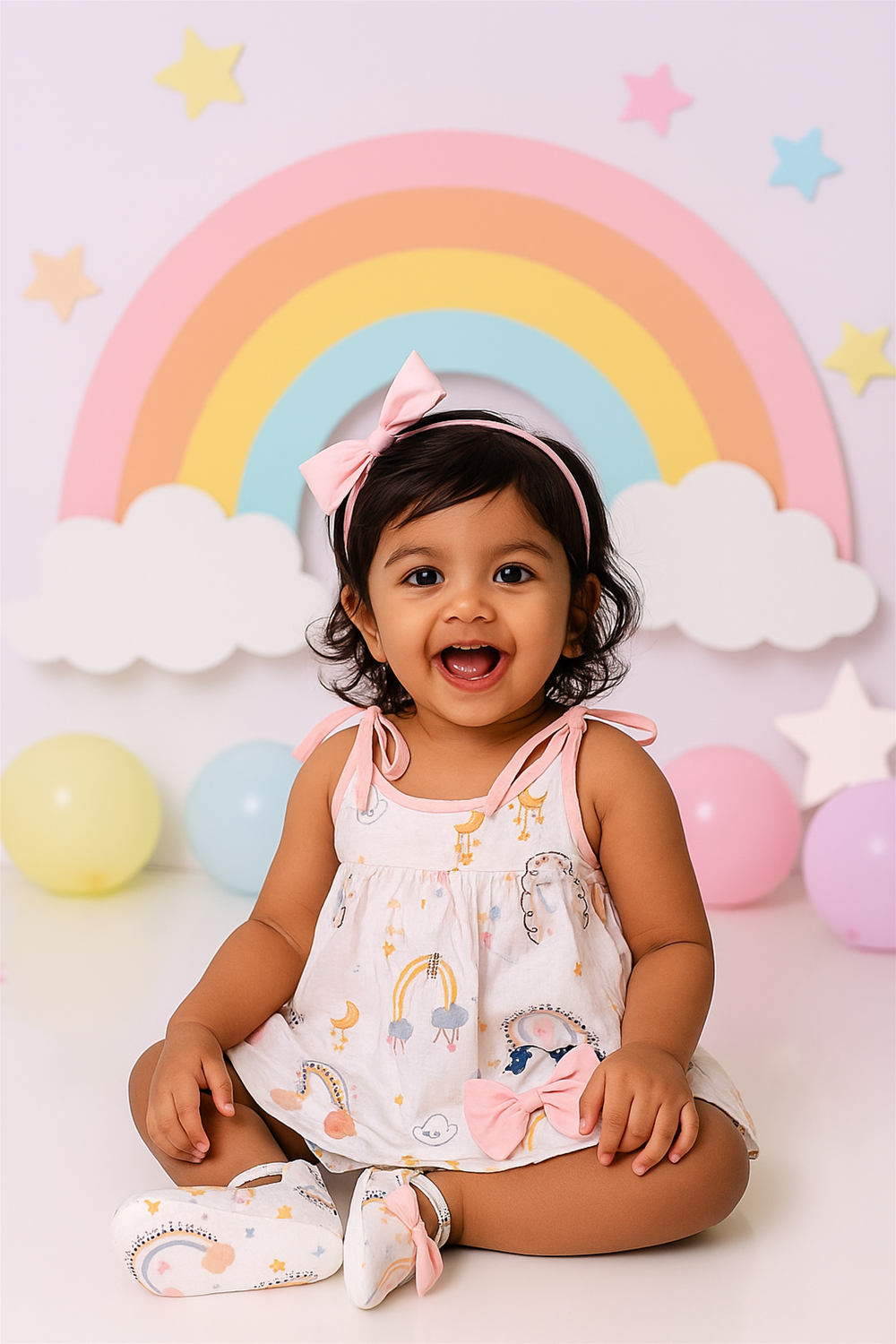 A smiling baby girl sits happily in a pastel-themed setup wearing a white sleeveless dress adorned with whimsical illustrations and soft pink shoes. Her look is completed with a matching pink bow headband, surrounded by colorful balloons and a rainbow backdrop.
