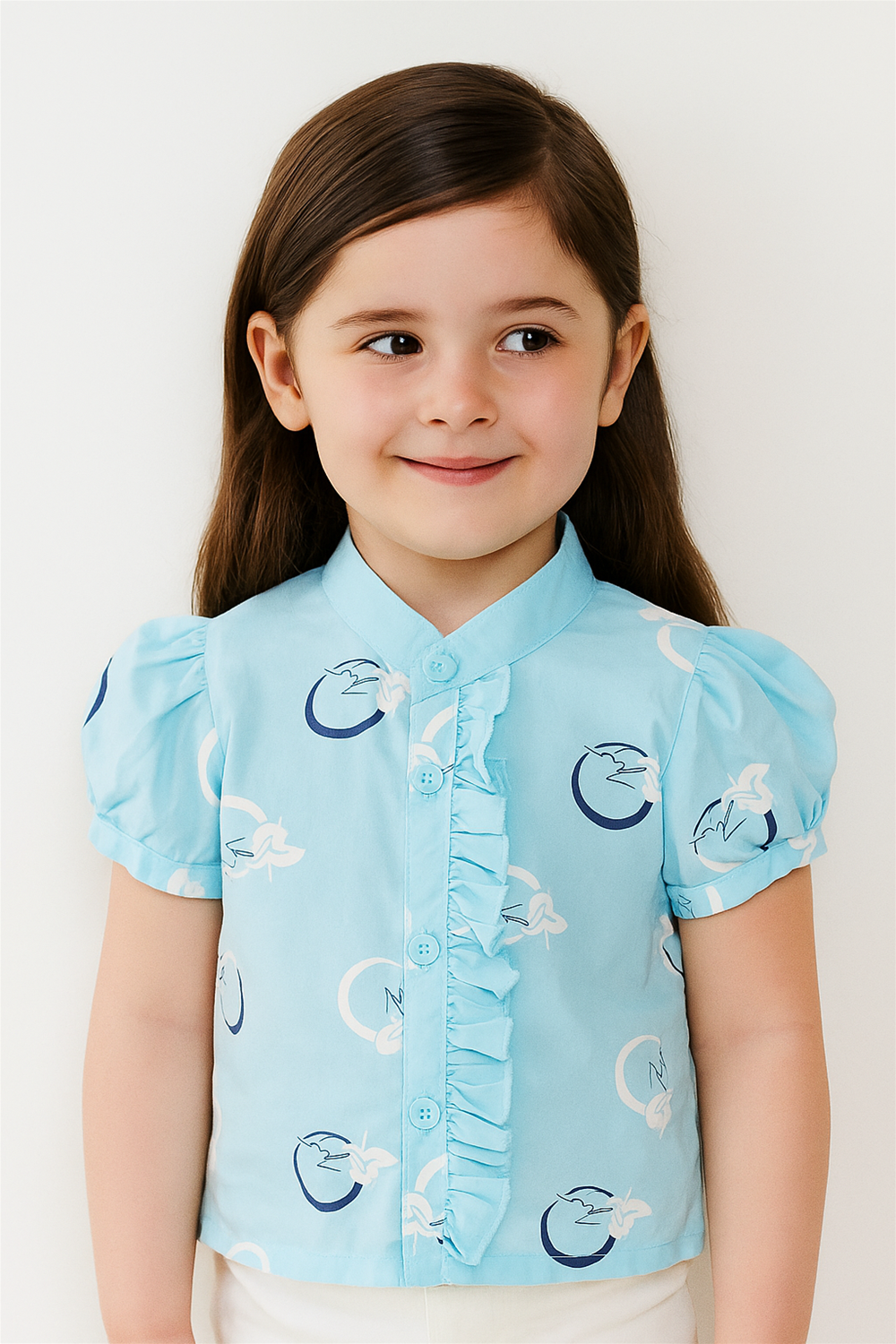 Front view of smiling girl in light blue puff-sleeve Chinese collar top with ruffled button placket and playful circle prints.