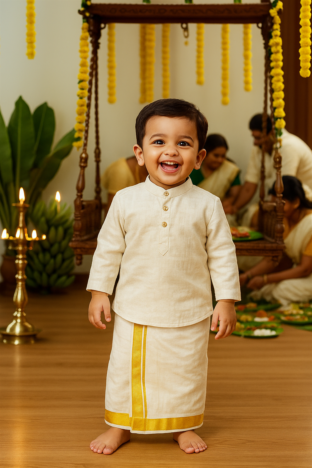 Happy toddler in Dull Off white kurta and dhoti, smiling brightly indoors, surrounded by traditional Onam lamps, swing, and joyful family.
