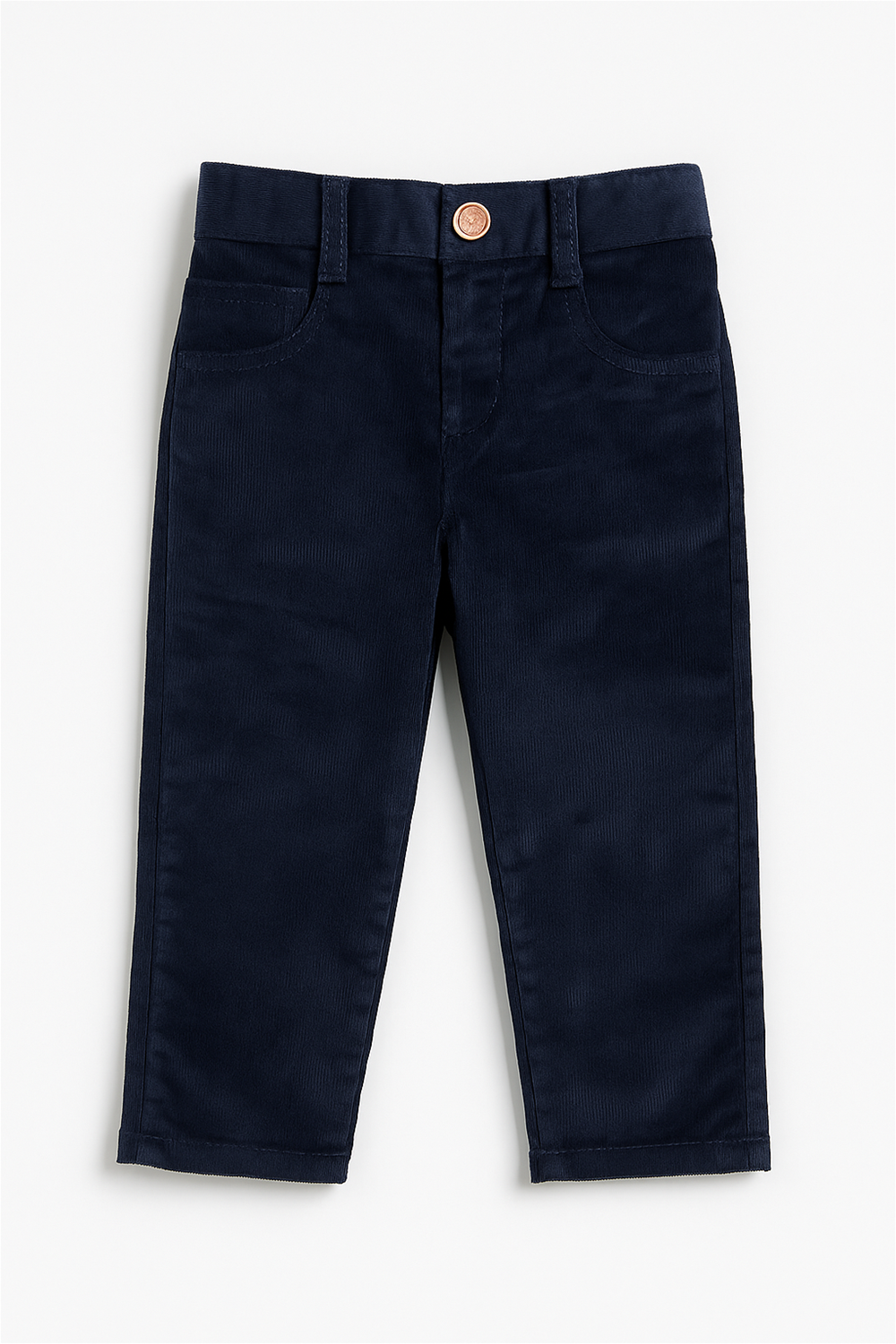 Navy blue corduroy boys' full-length pants displayed flat on a white background. The pants feature front scoop pockets, a coin pocket, belt loops, and a copper-colored button closure at the waistband. The fabric has a fine ribbed texture, offering a soft and structured look suitable for formal or casual wear.