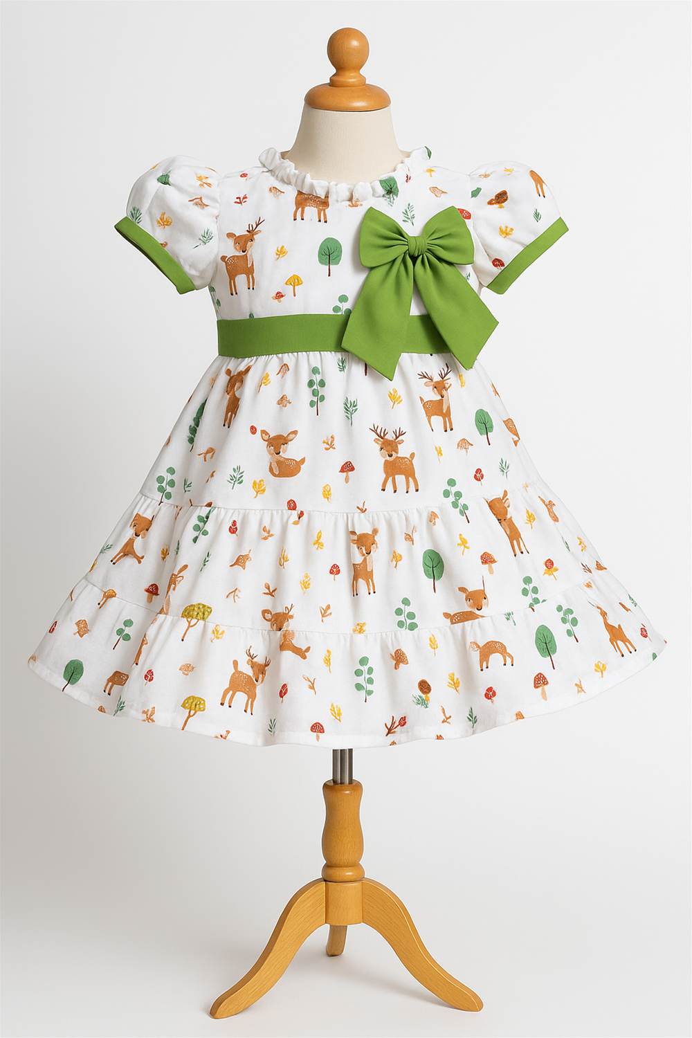A baby girl's dress featuring a playful design of deer and leaves in soft colors. Back side.