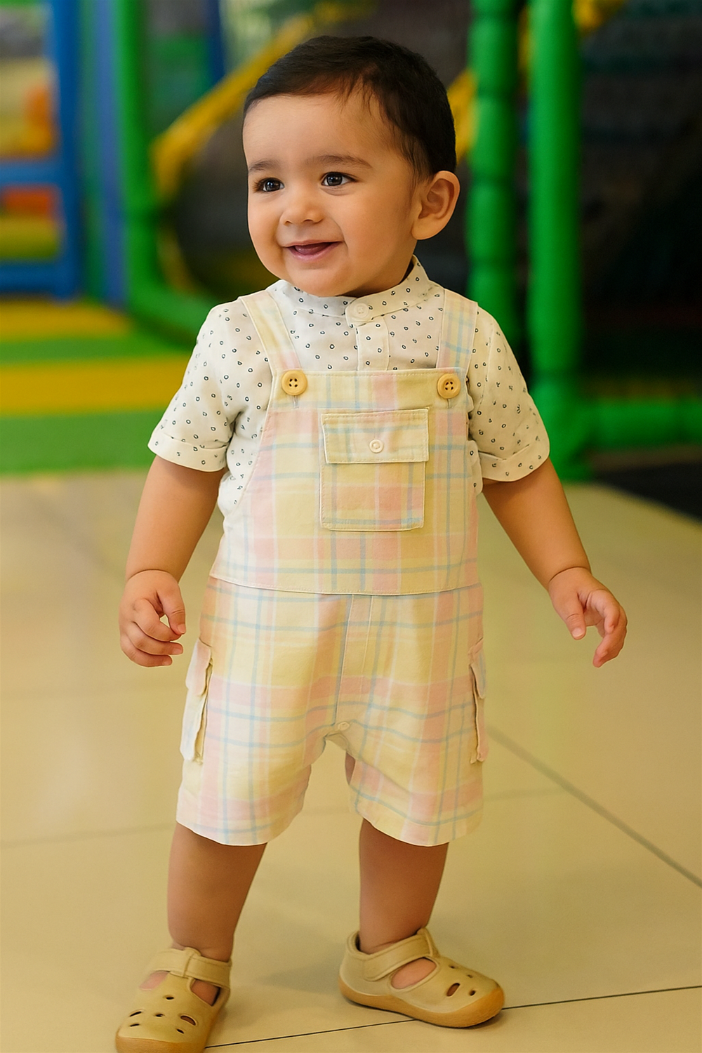 A cheerful baby boy wearing pastel check dungaree stands on a playground, surrounded by colorful play equipment.