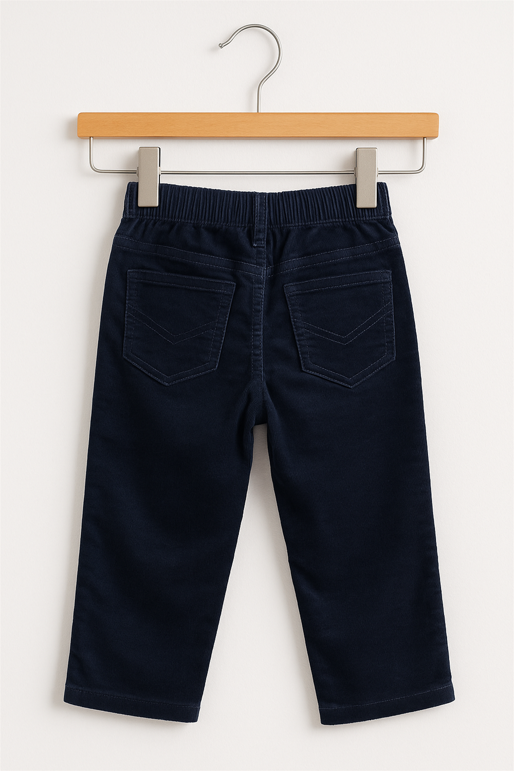 Navy blue corduroy boys' full-length pants hanging on a wooden hanger against a white background. The pants feature front scoop pockets, a small coin pocket, belt loops, and a brown button closure at the waistband. The corduroy fabric gives a soft textured look, ideal for casual or semi-formal wear.