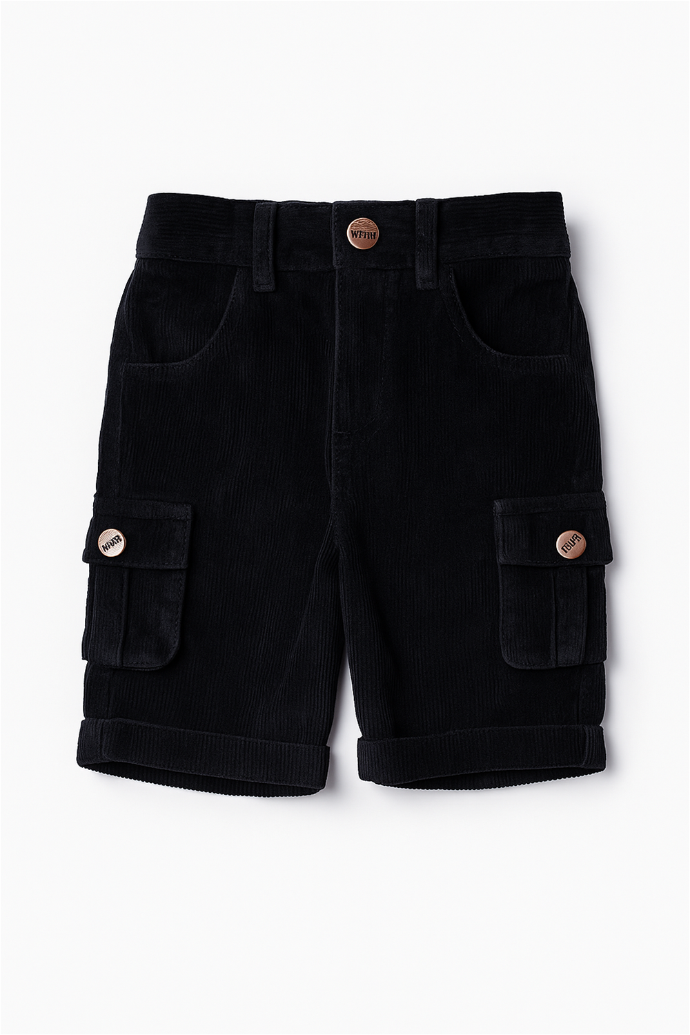 Black half pants with box side pockets and buttons. Ideal for casual wear.