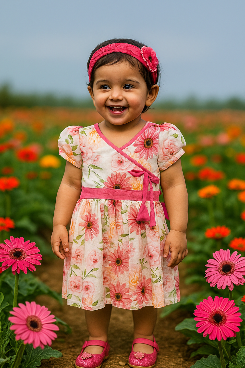 A little girl joyfully playing in a vibrant flower Gerbera field, surrounded by colorful blooms under a clear blue sky.
