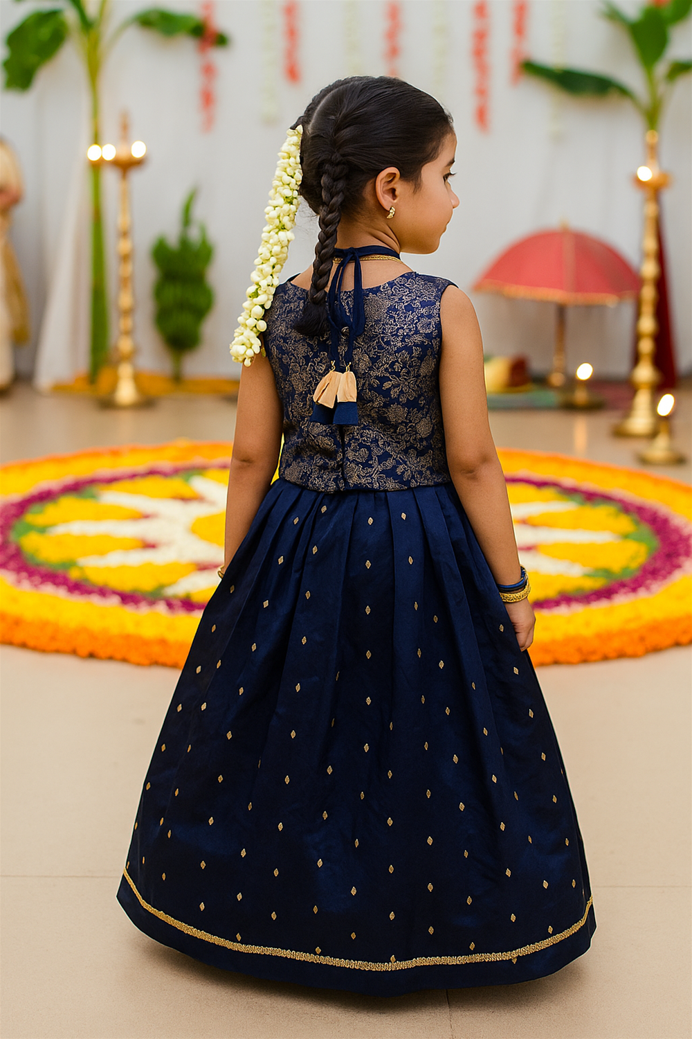 A young girl dressed in a sleeveless navy-blue embroidered festive gown with golden motifs, standing before a floral pookalam.