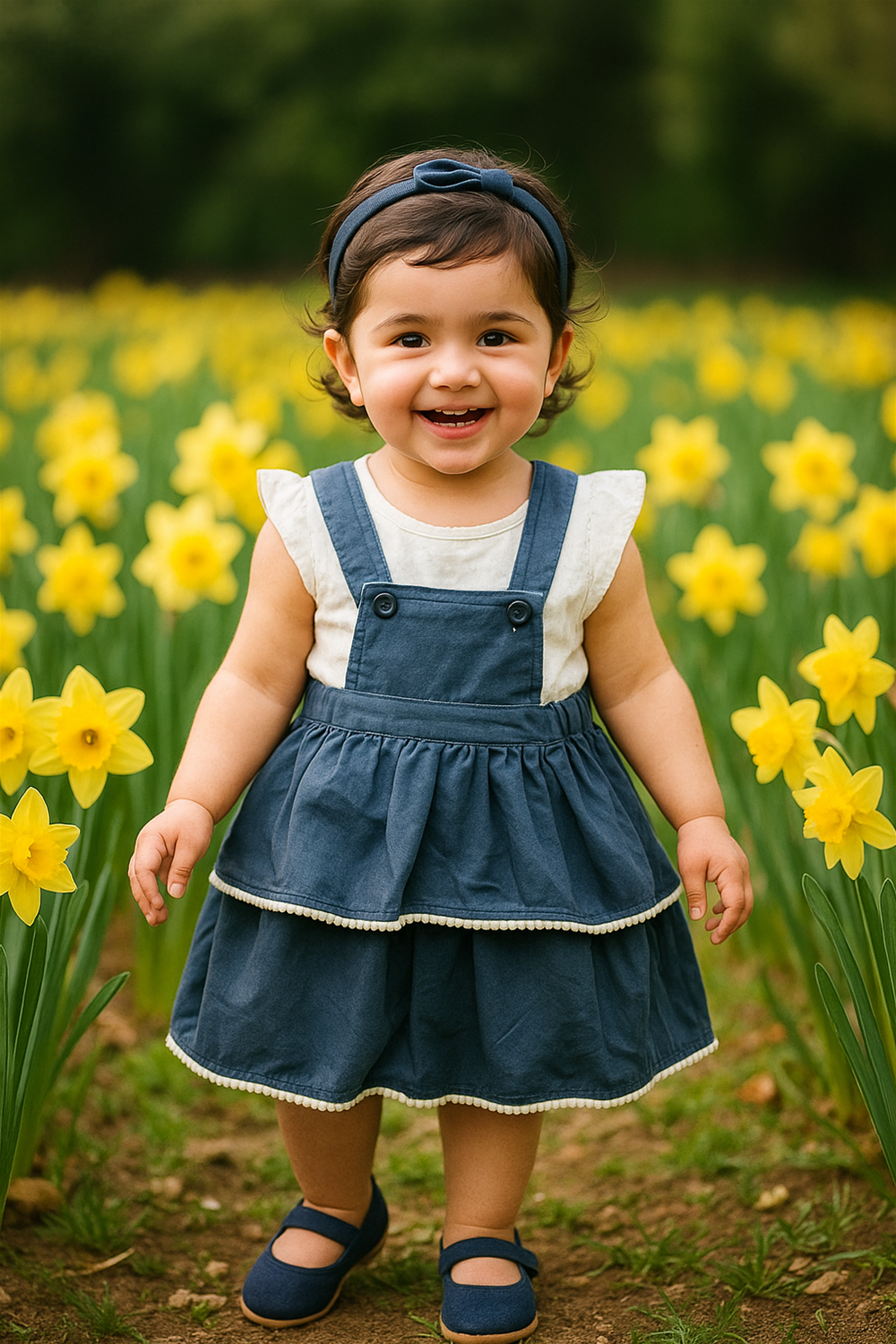 A baby girl in a blue dress stands among vibrant yellow daffodils in a sunny field.