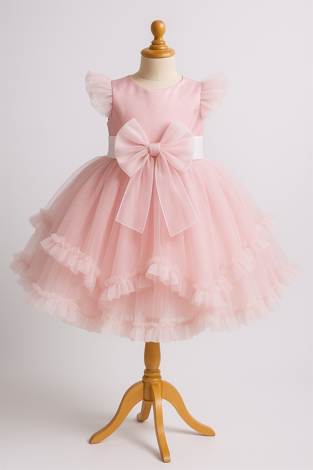 A pink birthday dress display in a foam mannequin. 