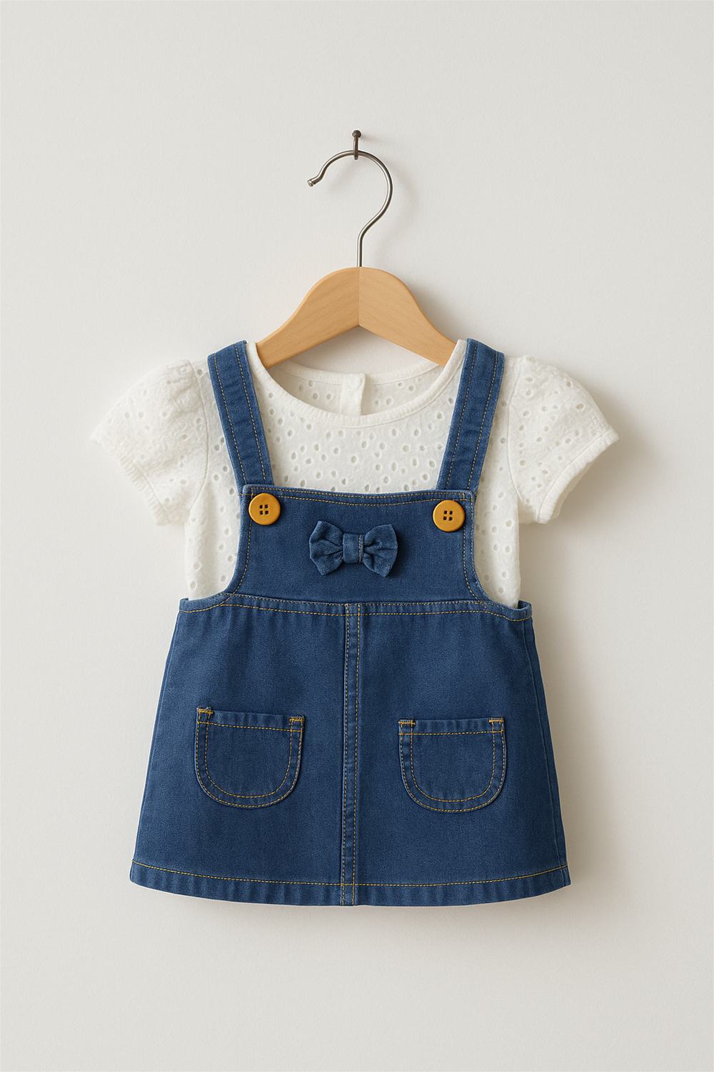 A baby girl's denim A-line pinafore dress is neatly displayed on a wooden hanger against a light background. It features front patch pockets, wooden buttons, and a cute bow on the chest, paired with a white embroidered puff-sleeve top.